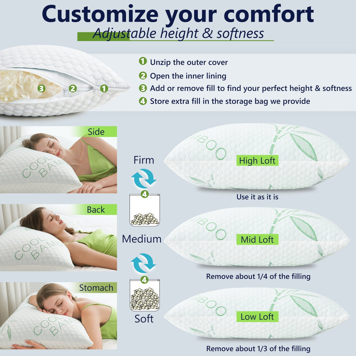 Adjustable Cooling Shredded Memory Foam Pillow – Breathable Bamboo Cover for Ergonomic Neck Support & Pain Relief - yettbea