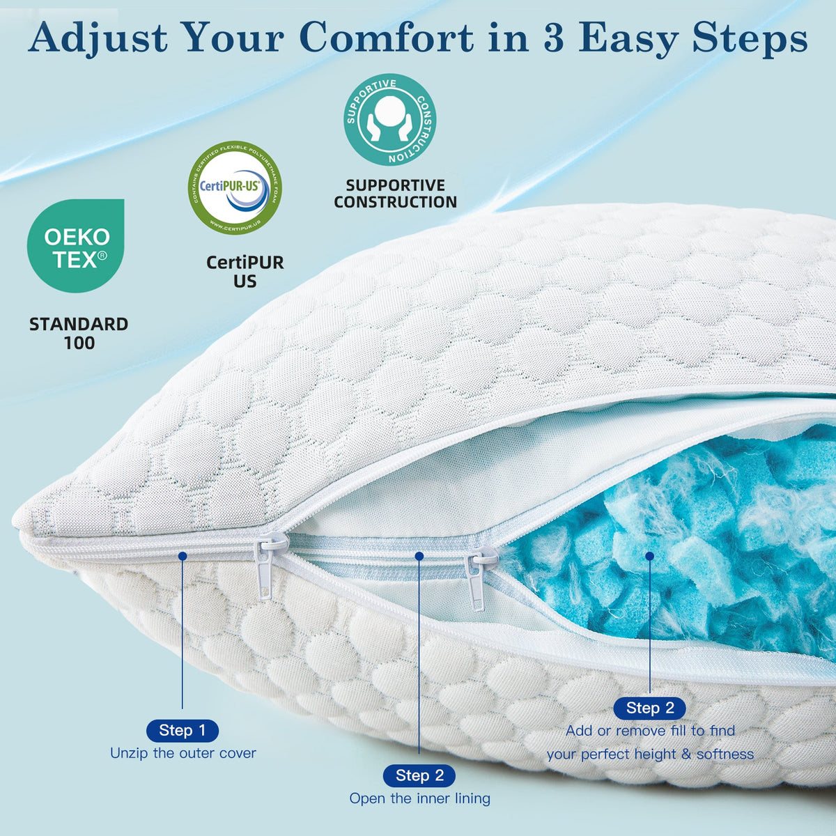 Adjustable Cooling Shredded Memory Foam Pillow – Breathable Bamboo Cover for Ergonomic Neck Support & Pain Relief - yettbea
