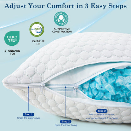 Adjustable Cooling Shredded Memory Foam Pillow – Breathable Bamboo Cover for Ergonomic Neck Support & Pain Relief - yettbea