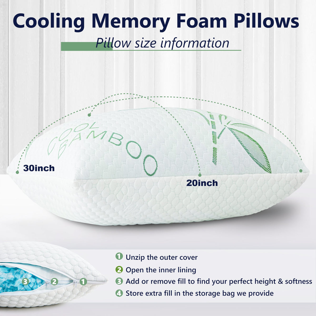 Adjustable Cooling Shredded Memory Foam Pillow – Breathable Bamboo Cover for Ergonomic Neck Support & Pain Relief - yettbea