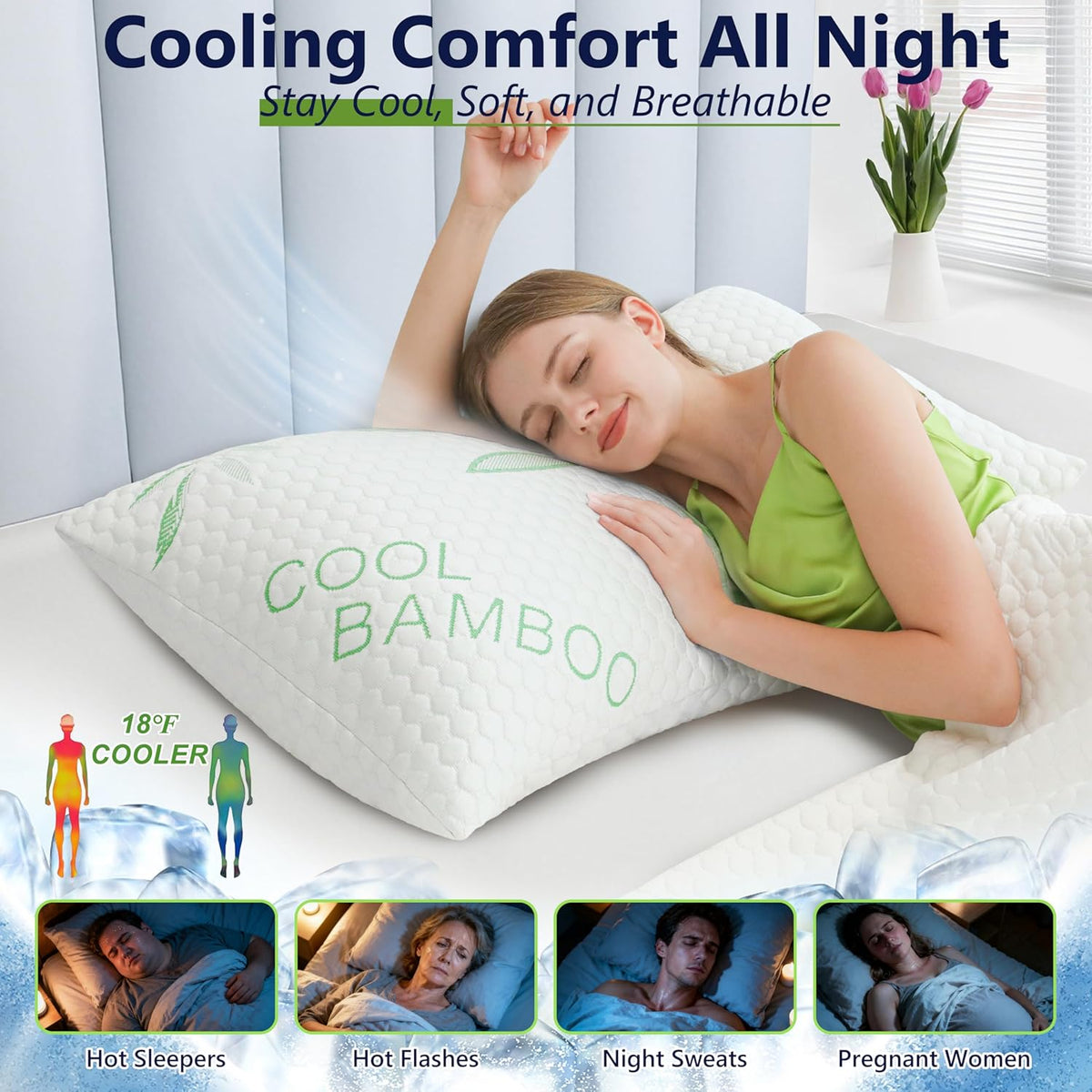 Memory Foam Pillow — Green Bamboo Pattern - yettbea