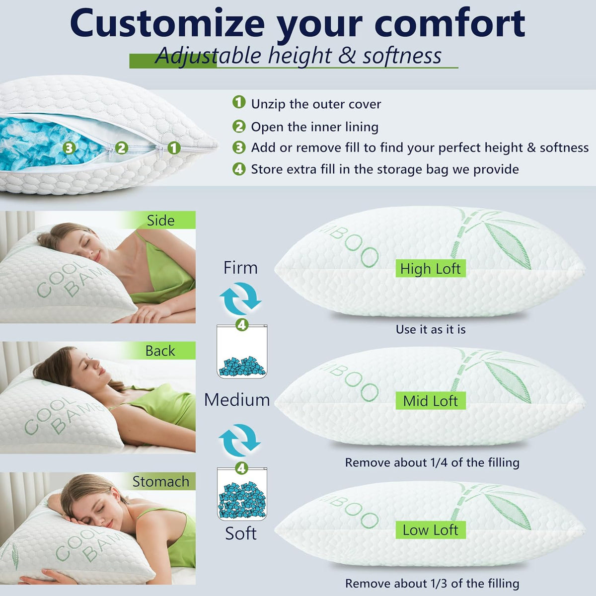 Memory Foam Pillow — Green Bamboo Pattern - yettbea